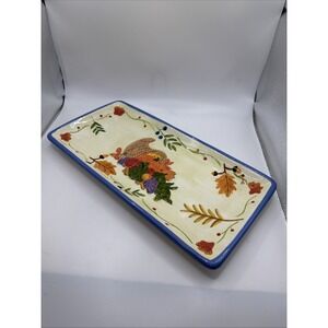 Nantucket hand-painted ceramic serving platter with a cornucopia and autumn leaf